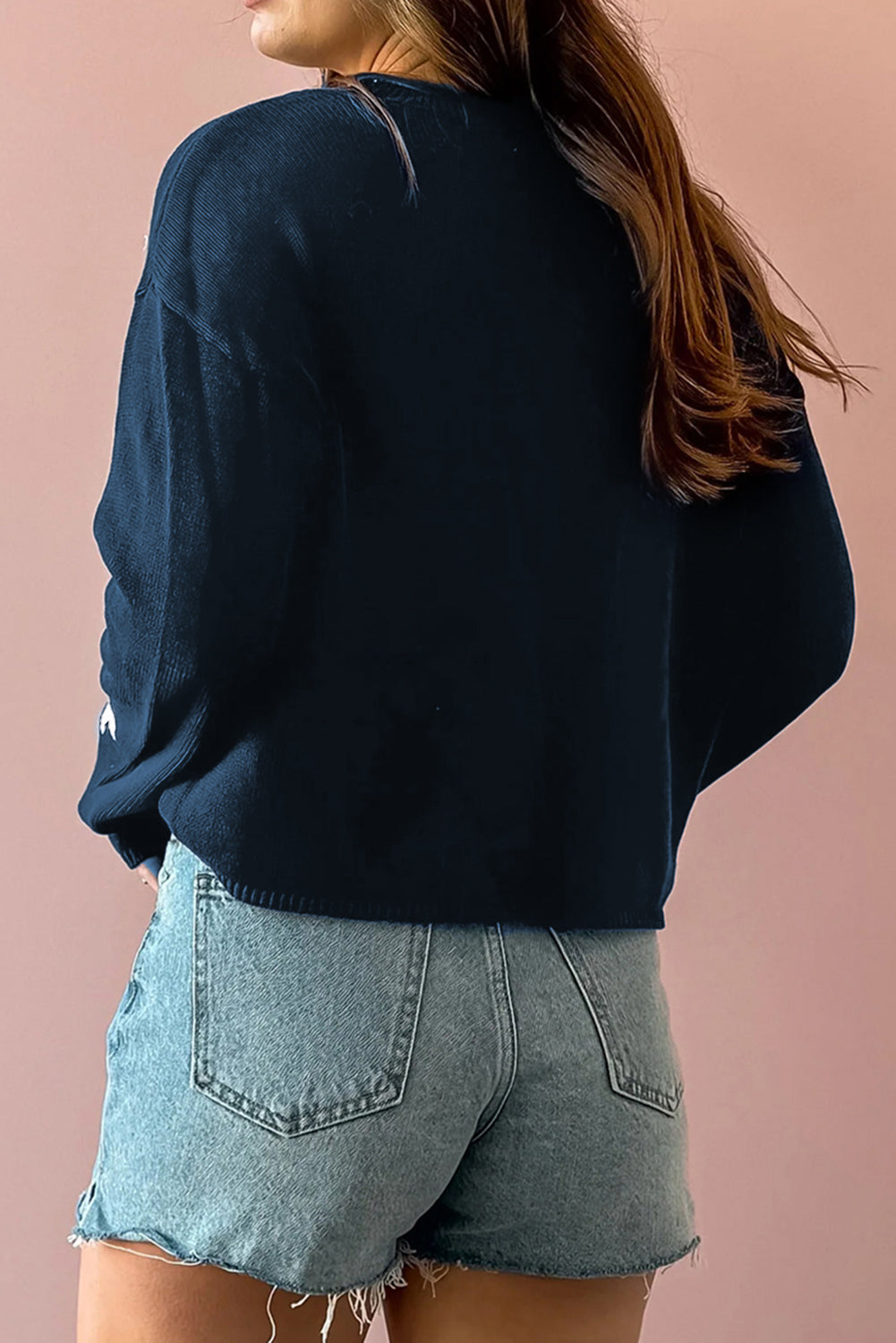 Sail Blue Star Pattern Drop Shoulder Knitted Sweater eAura
