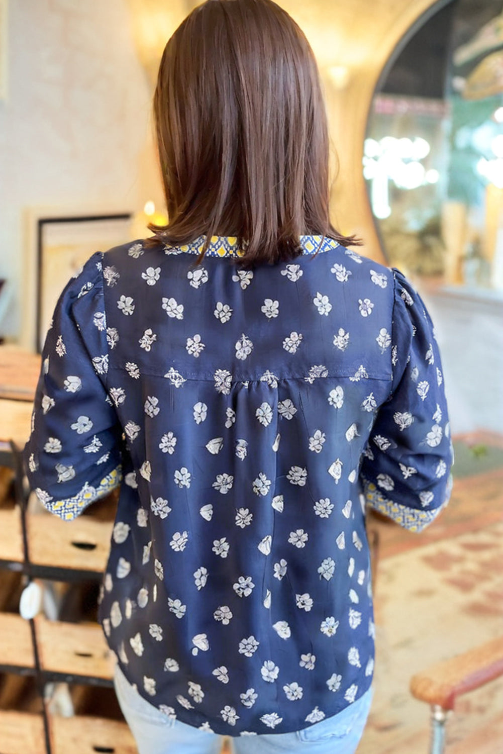 Blue Floral Print Half Sleeve Contrast Trim V Neck Blouse Dear-Lover Dropshipping