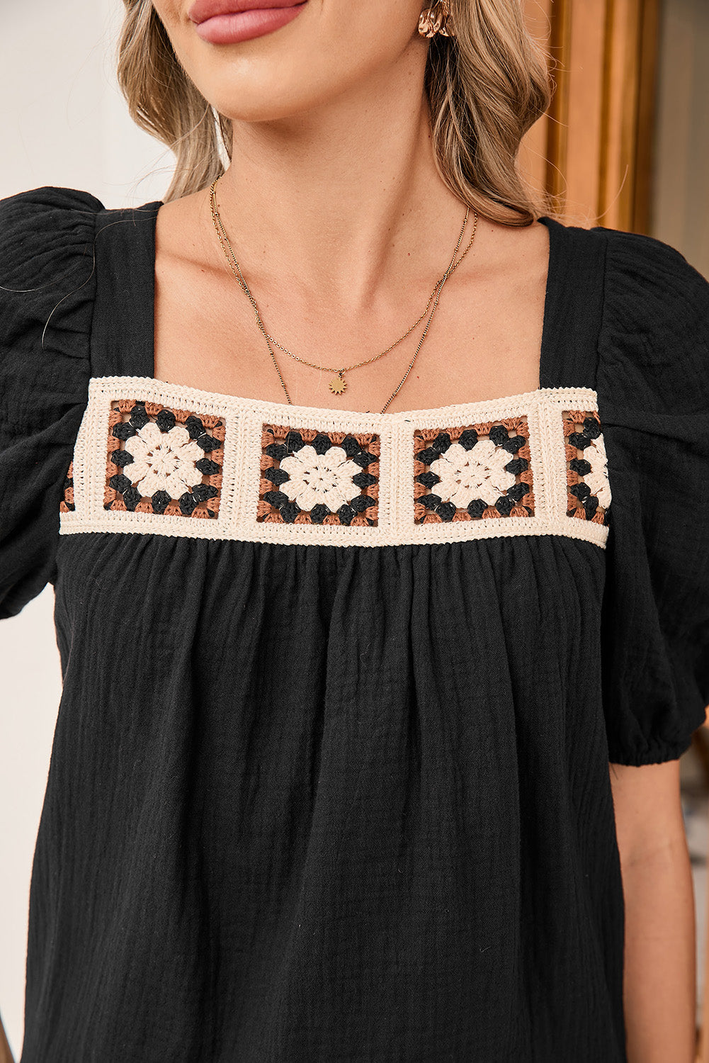 Black Crochet Square Neck Crinkled Blouse BBs