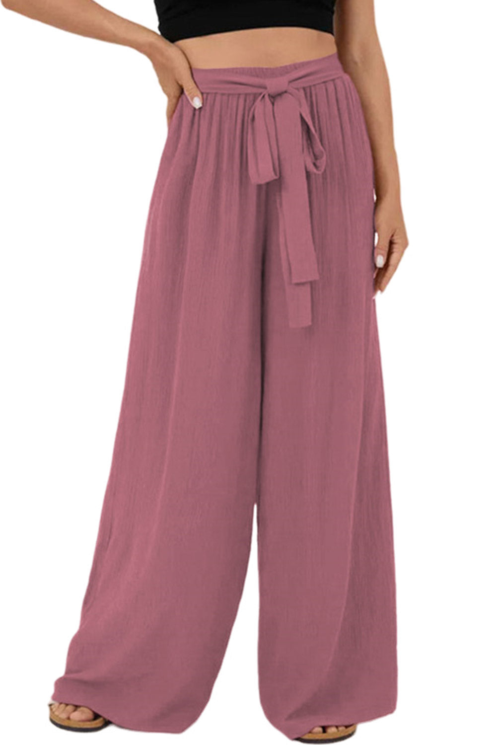Coffee High Waisted Tie Front Side Pocket Wide Leg Flowy Casual Pants Dear-Lover Dropshipping