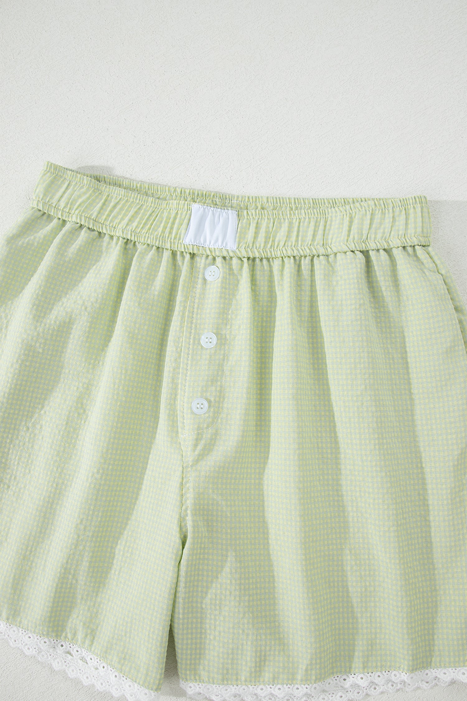 Gingham Plaid Boxer Shorts with Lace Trim & Button Detail