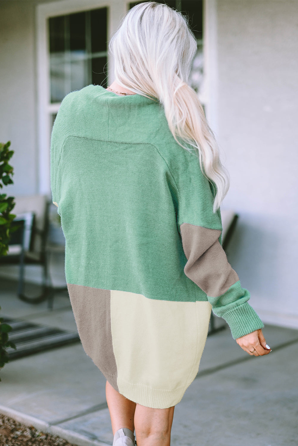 Green Colourblock Draped Open Front Chunky Cardigan eAura
