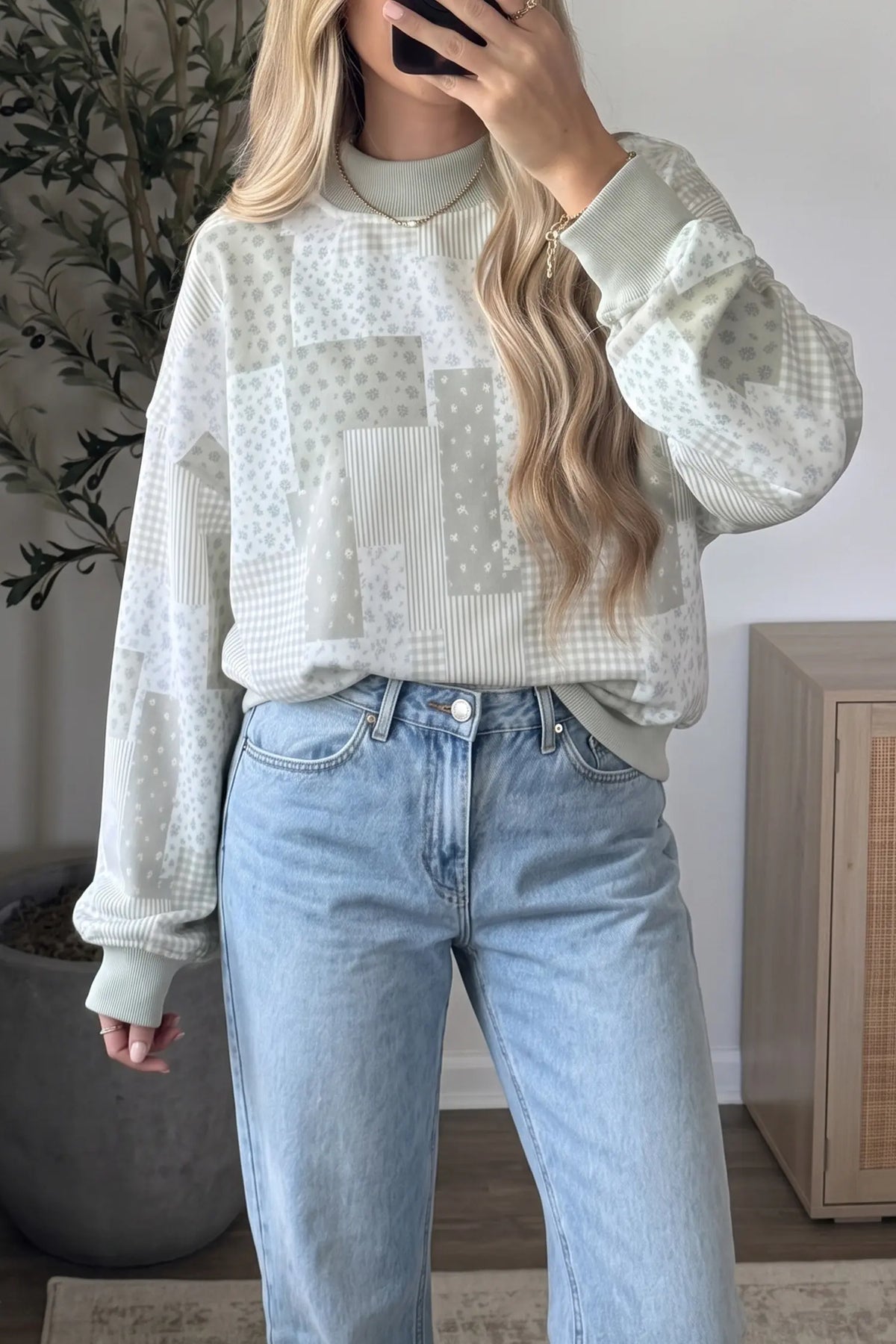 Patchwork Floral Print Mock Neck Long Sleeve Sweatshirt