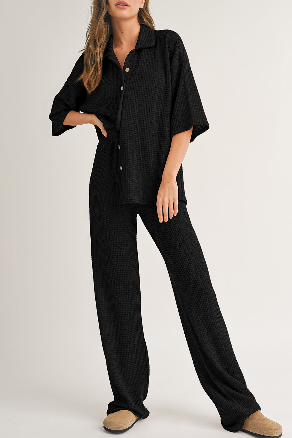 Black Solid Colour Textured Buttoned Shirt and Casual Trousers Set eAura