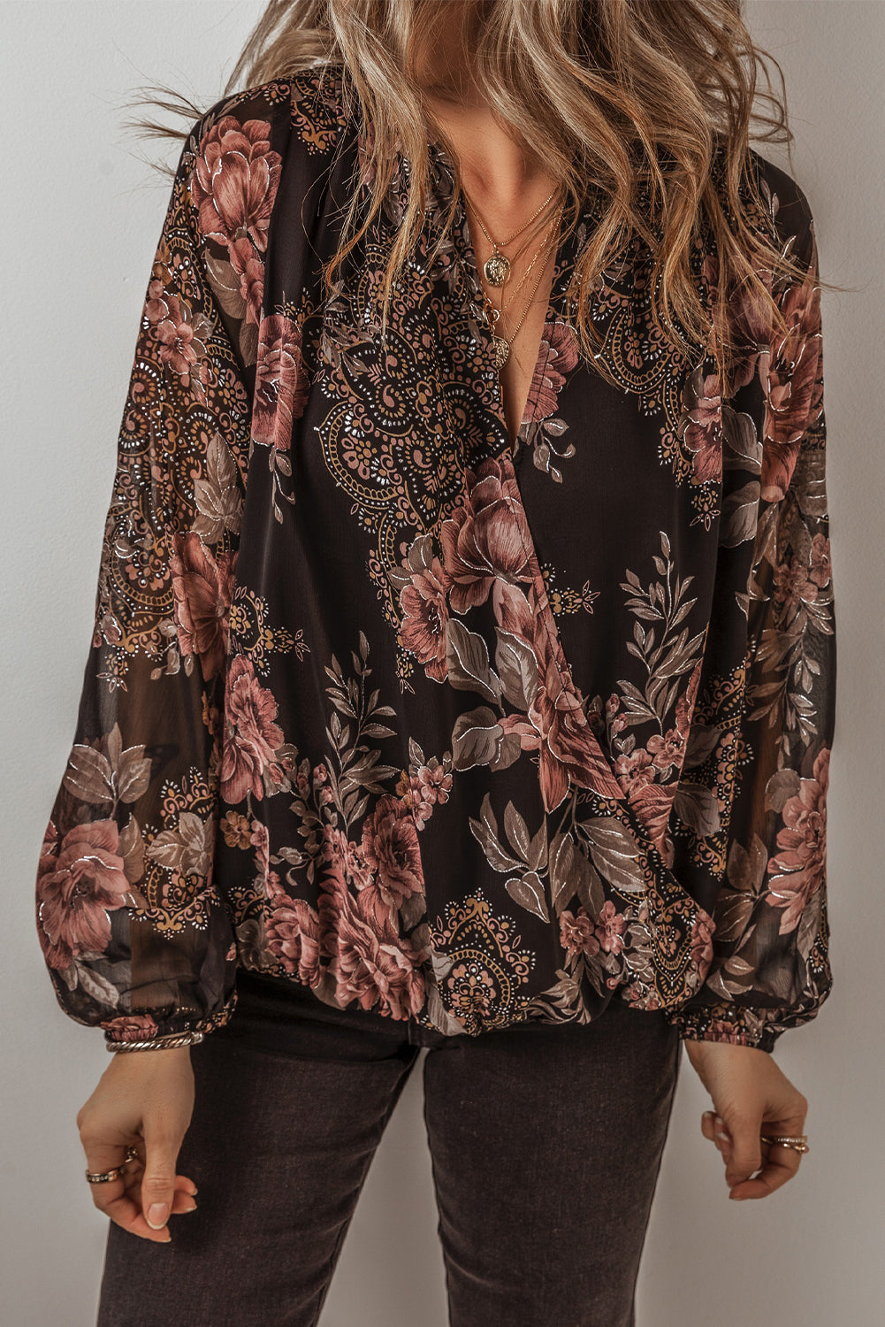 Black Floral Print Criss Cross V Neck Balloon Sleeve Blouse eAura