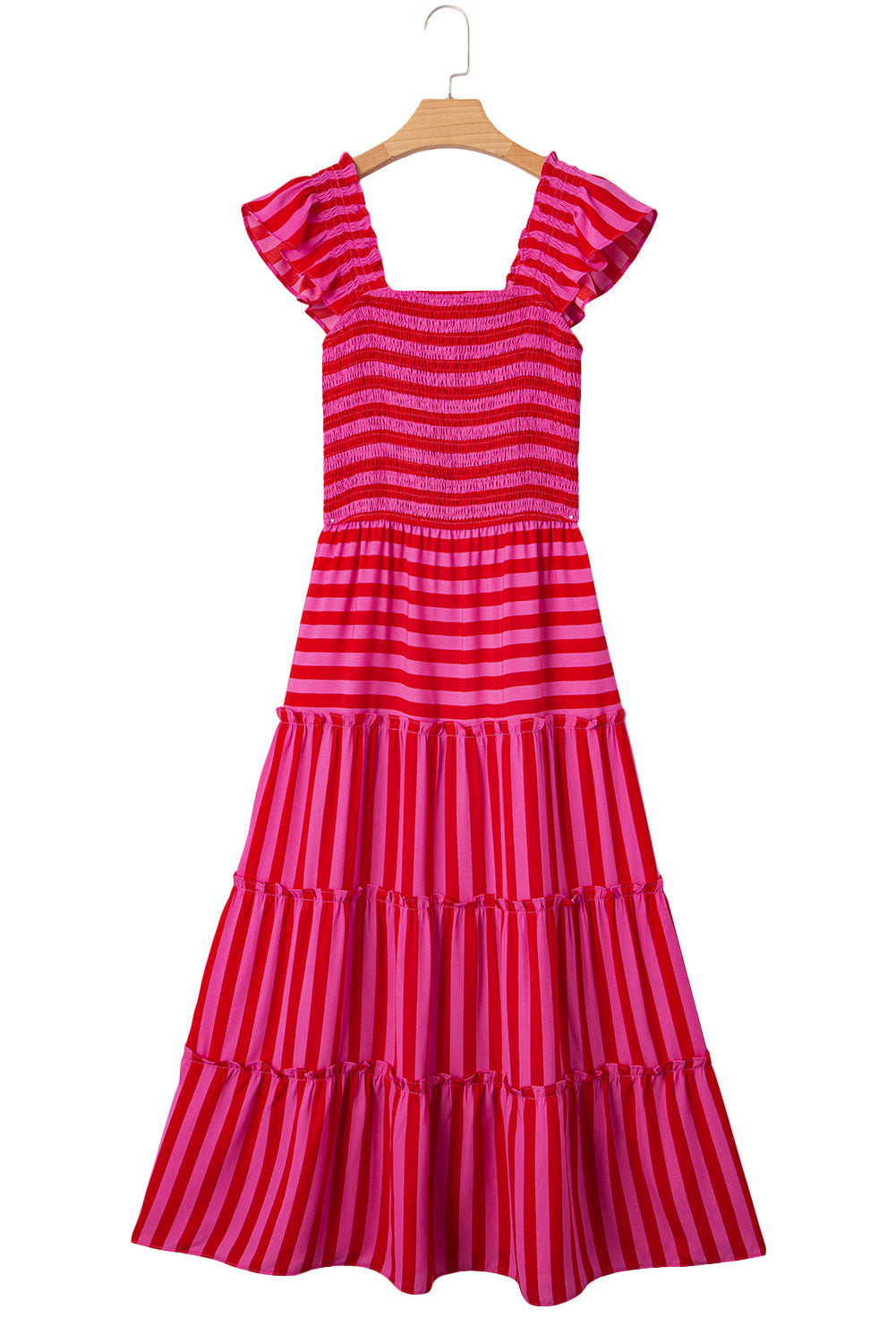 Rose Stripe Flutter Sleeve Smocked Bodice Tiered Maxi Dress eAura