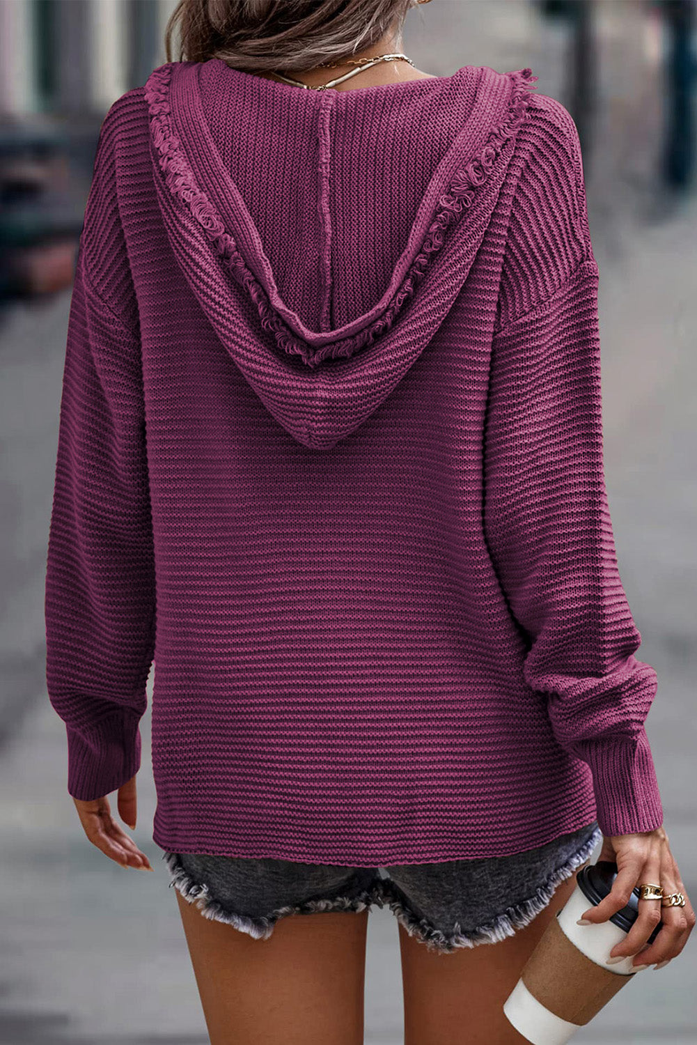 V Neck Ribbed Drop Shoulder Hooded Sweater eAura