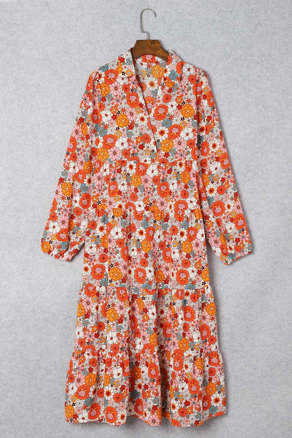 MultiColour Boho Floral Collared Long Sleeve Ruffled Dress eAura