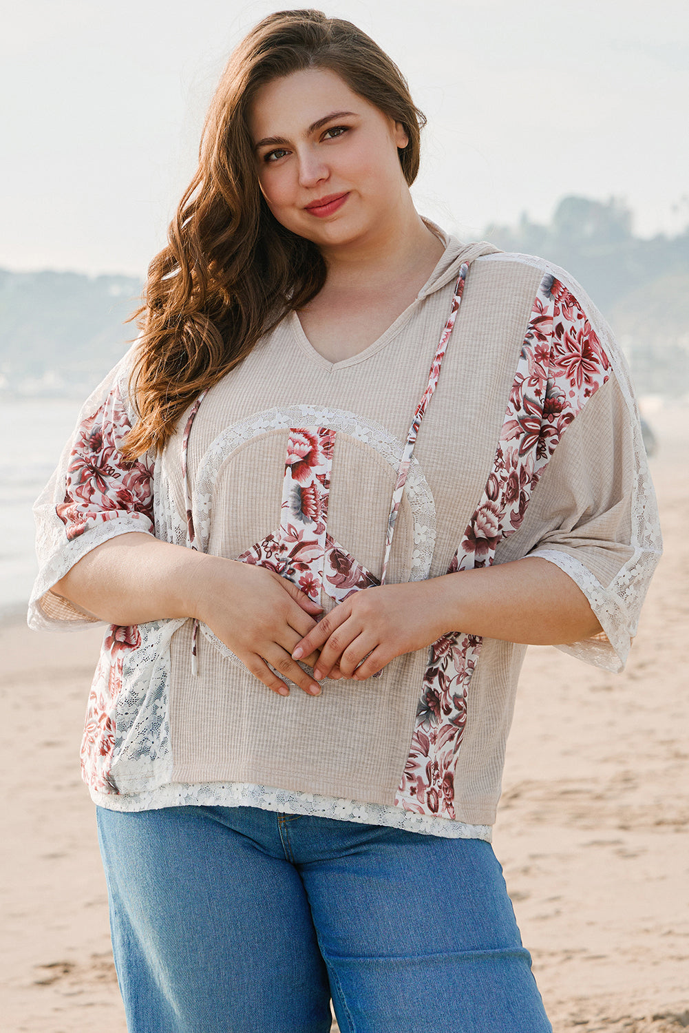 Khaki V Neck Floral Peace Sign Graphic Lace Patch Ribbed Plus Size Hooded Top BB Fashion Outlet