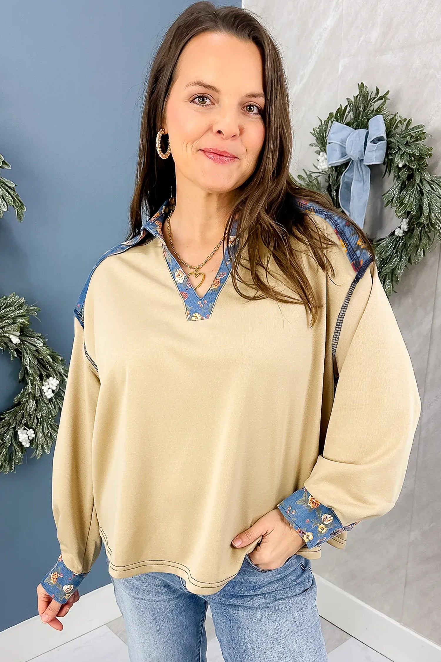 Floral Denim Patchwork Collar V Neck Long Sleeve Pullover Top – Apricot