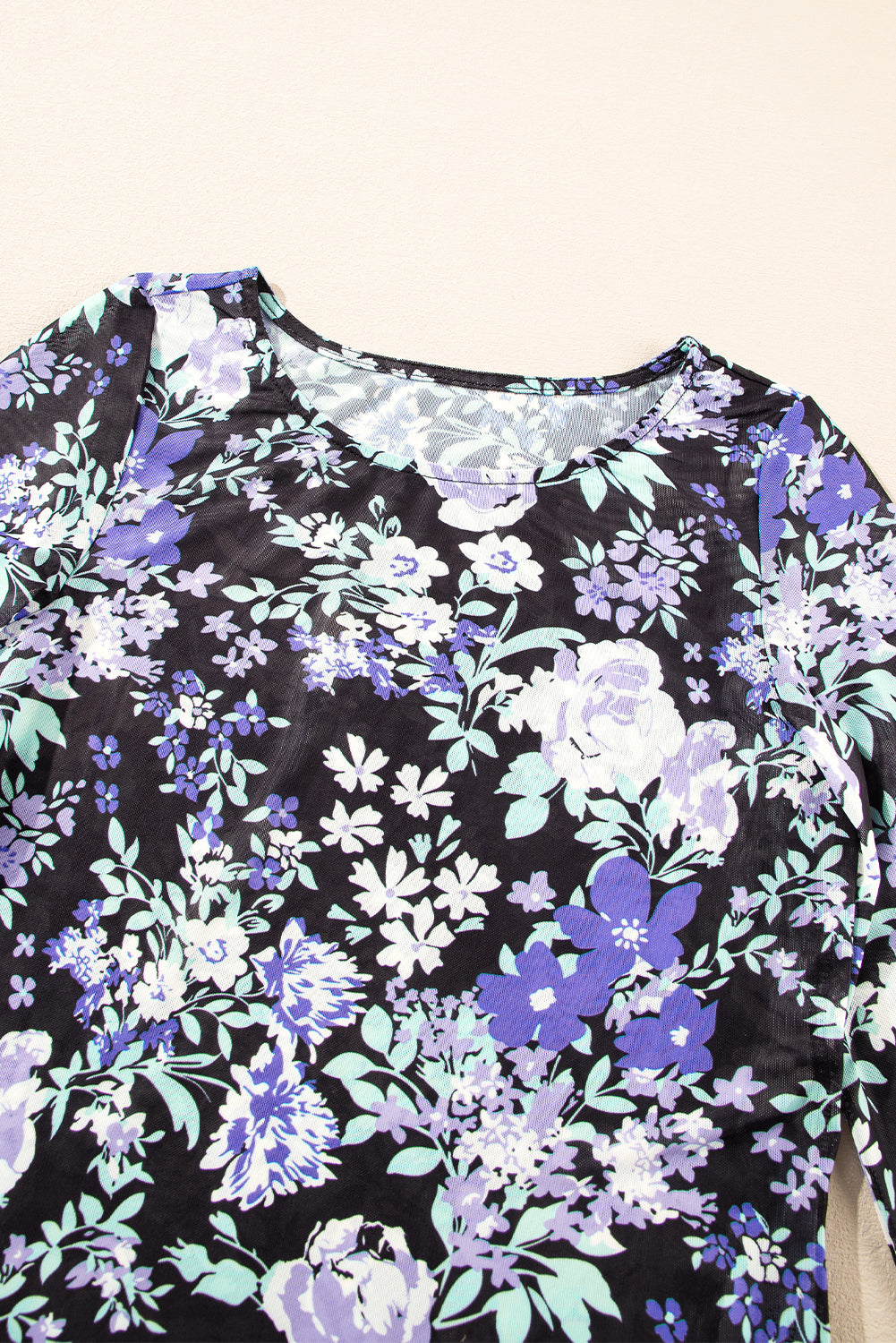 Orchid Petal Floral Print Mesh Fitted Long Sleeve Top eAura