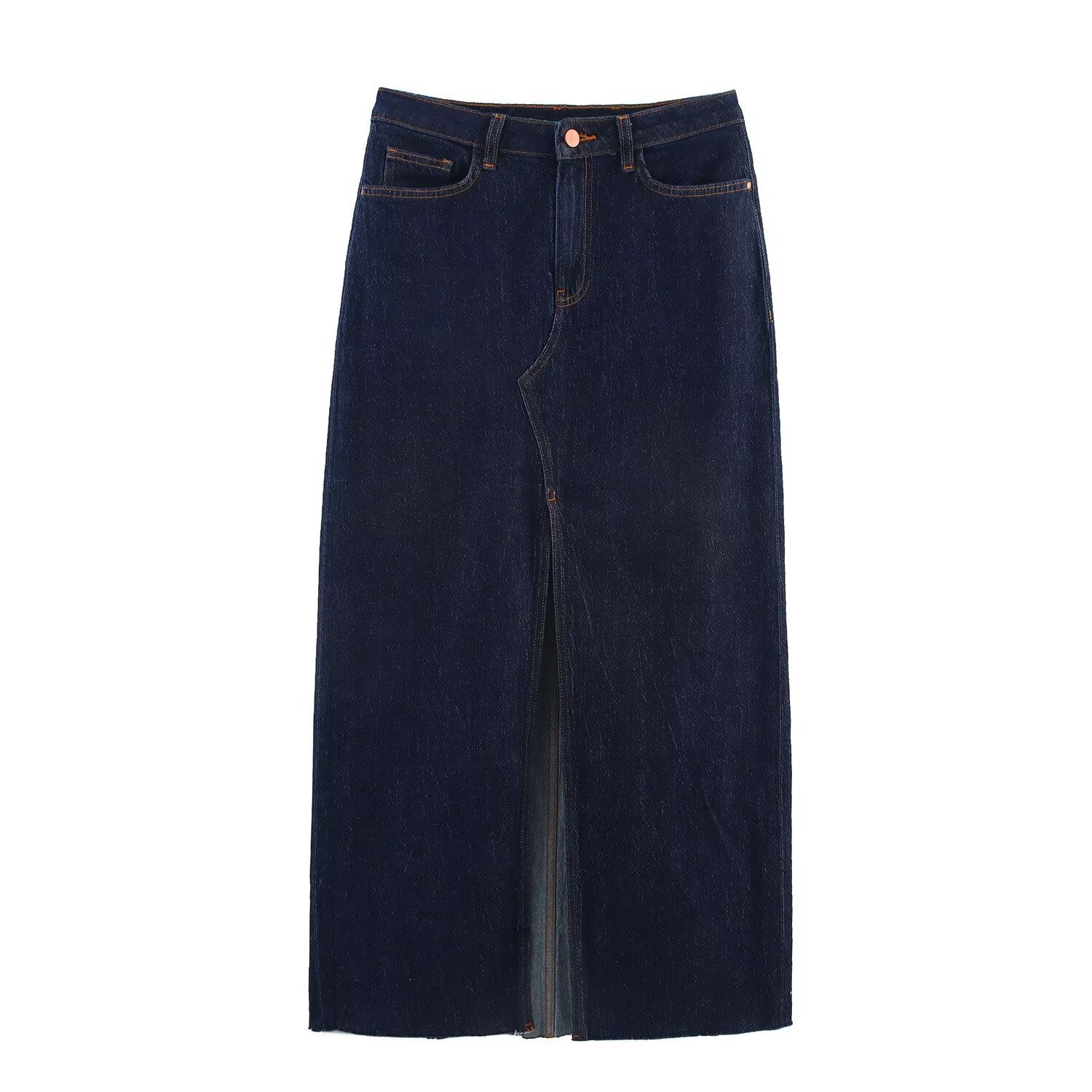 Midi Denim Skirt Front Slit and a Raw Hem eprolo
