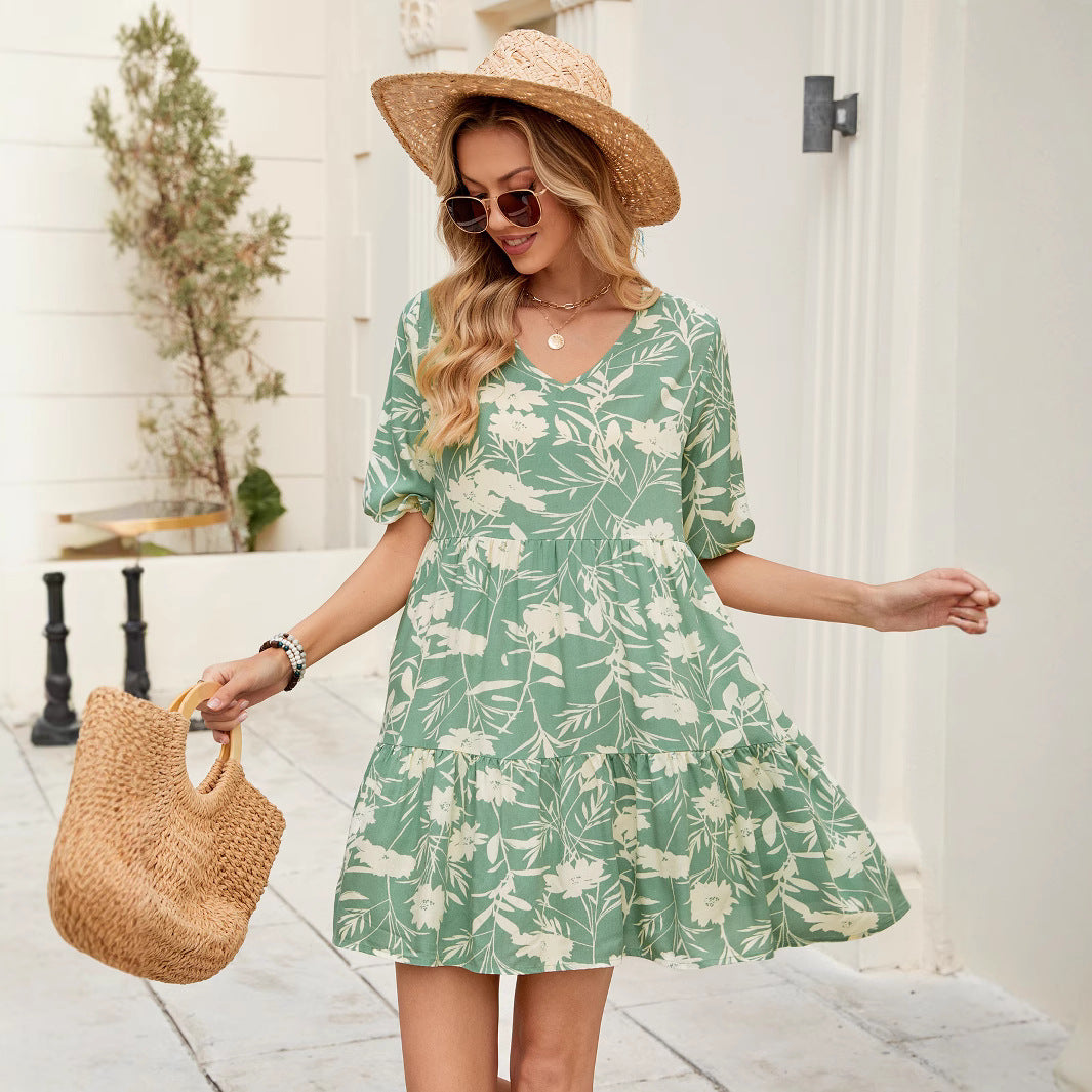 Floral Print Short V-Neck Dress eprolo
