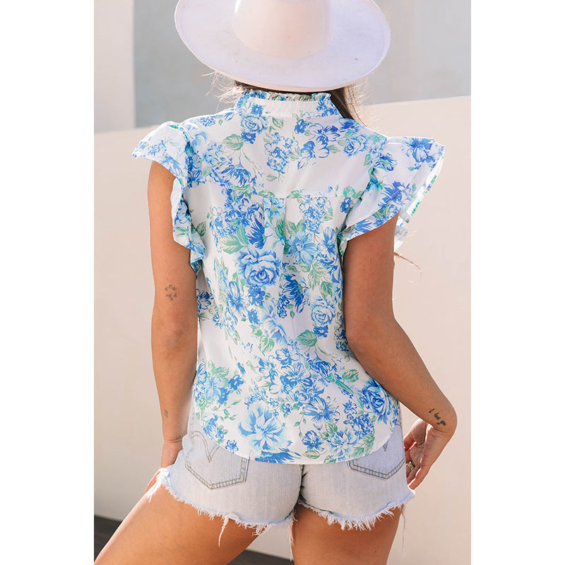 Short Sleeve Blouse Floral Print Cap Sleeves eprolo