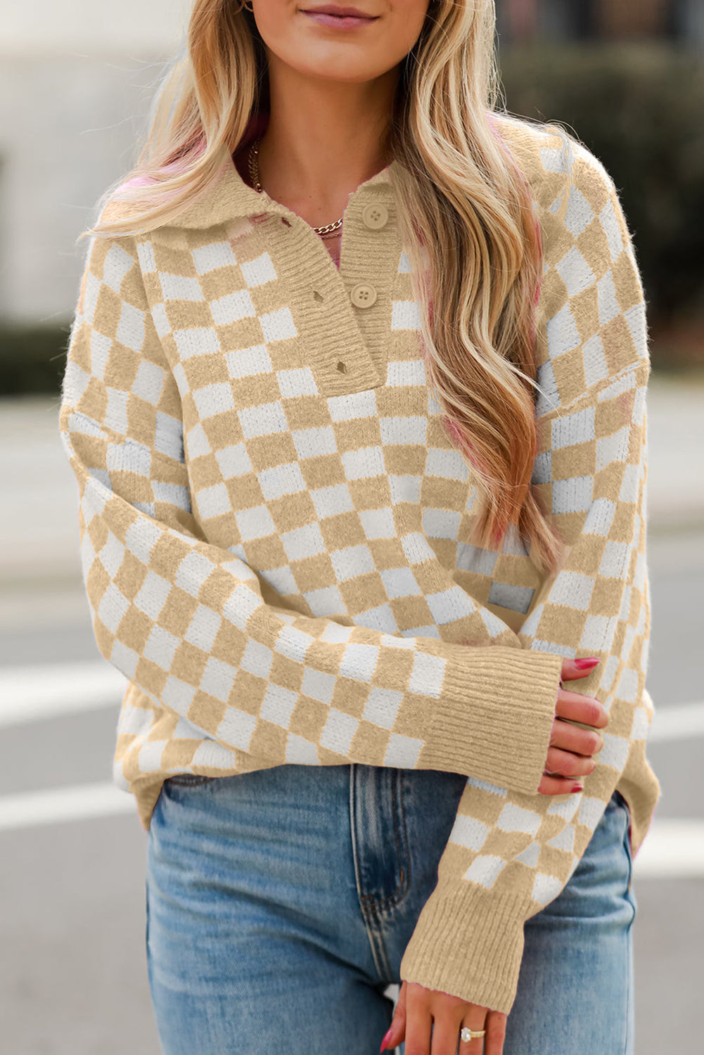 Apricot Checkered Buttons Collar V Neck Drop Shoulder Sweater - eAura