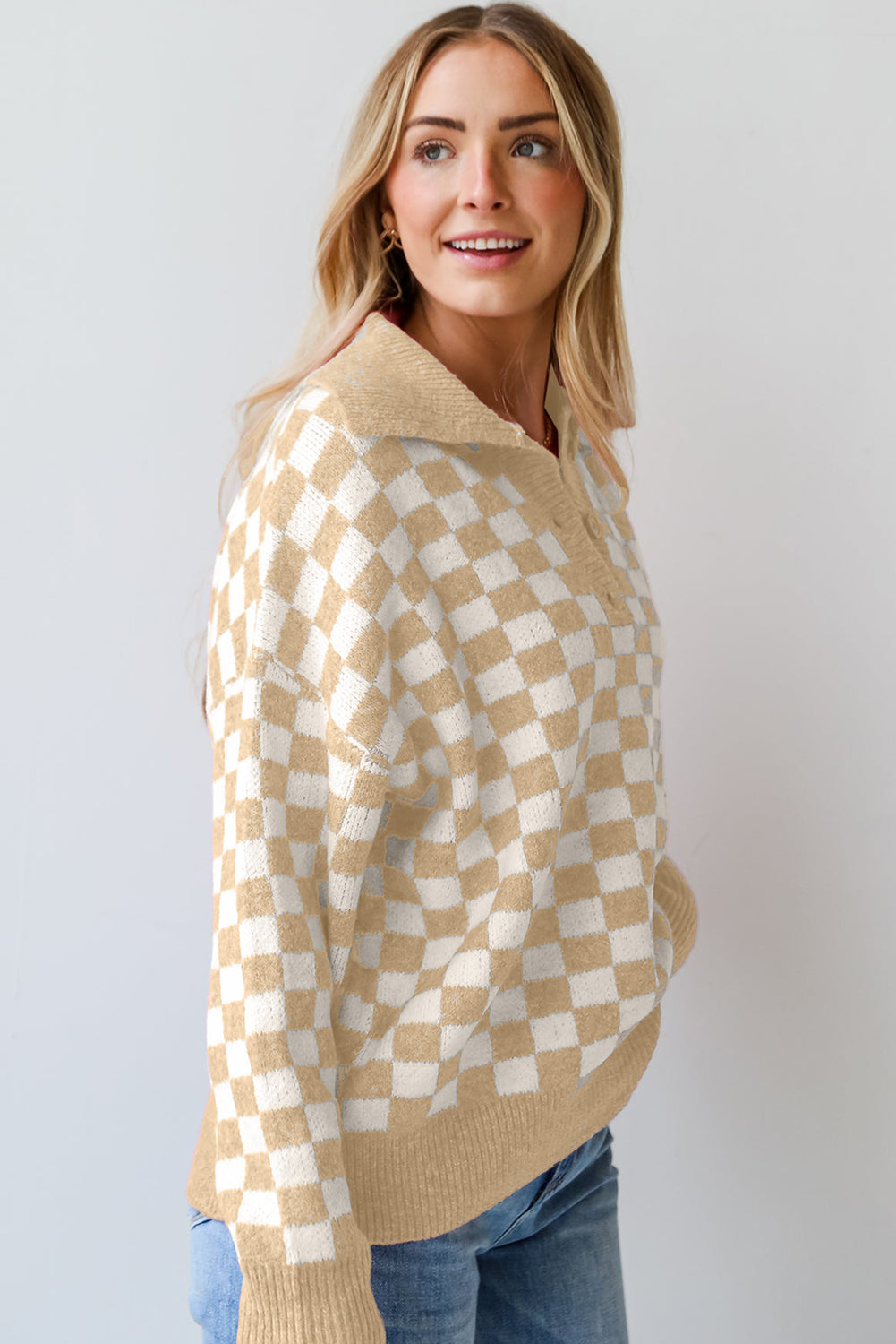 Beige Checkered Buttons Collar V Neck Drop Shoulder Sweater - Sweaters & Cardigans/Sweaters