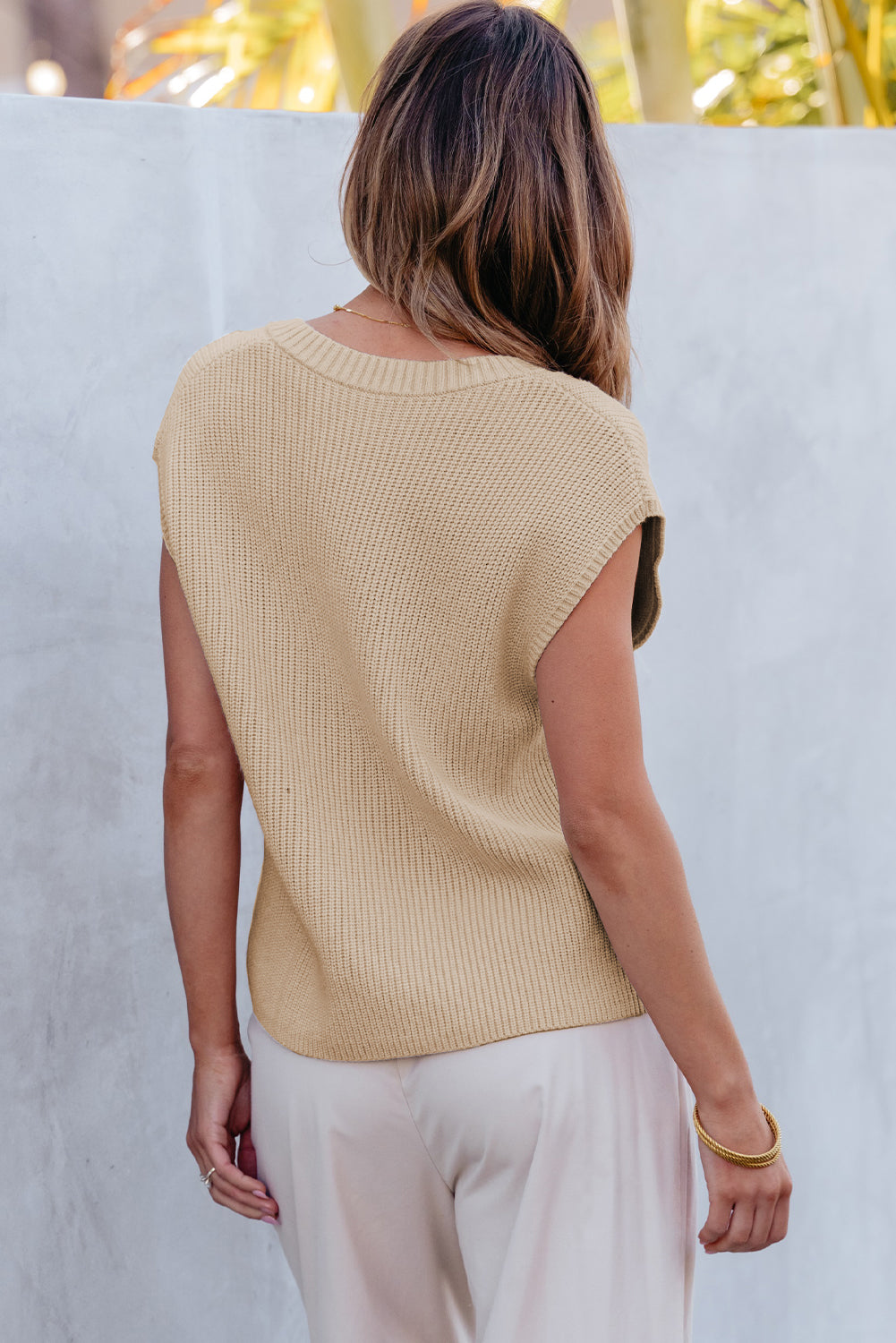 Apricot Chest Pocket V Neck Ribbed Cap Sleeve Sweater - eAura