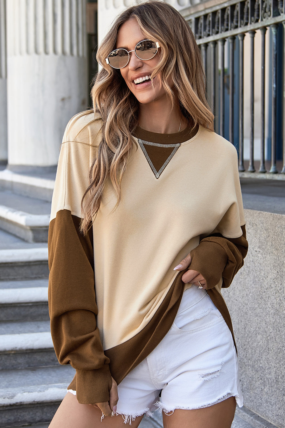 Apricot Colour Block Thumbhole Sleeve Drop Shoulder Sweatshirt - eAura