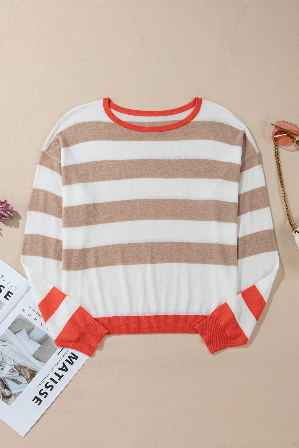 Apricot Colourblock Striped Round Neck Drop Shoulder Sweater eAura