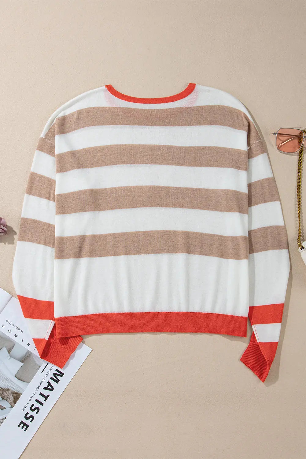 Apricot Colourblock Striped Round Neck Drop Shoulder Sweater eAura