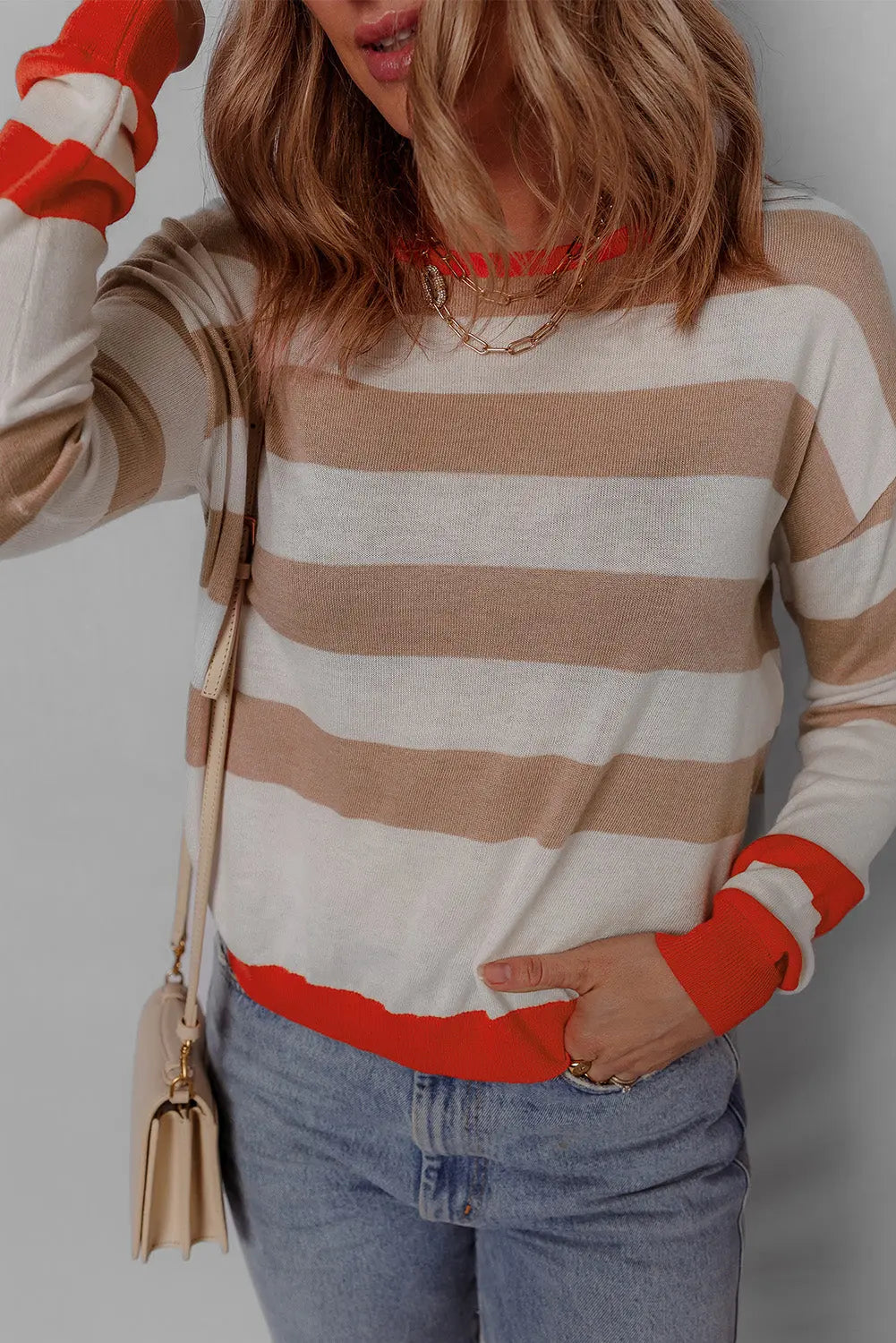 Apricot Colourblock Striped Round Neck Drop Shoulder Sweater eAura
