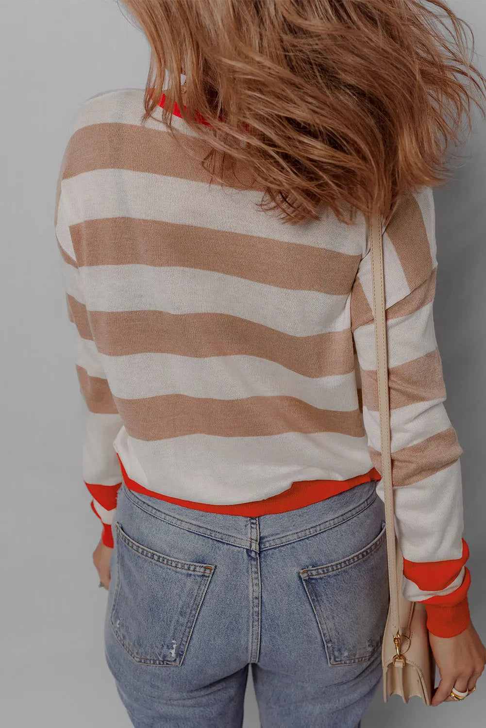 Apricot Colourblock Striped Round Neck Drop Shoulder Sweater eAura