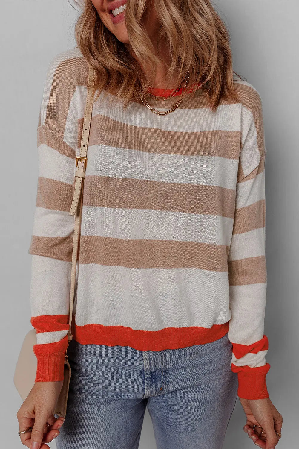 Apricot Colourblock Striped Round Neck Drop Shoulder Sweater eAura