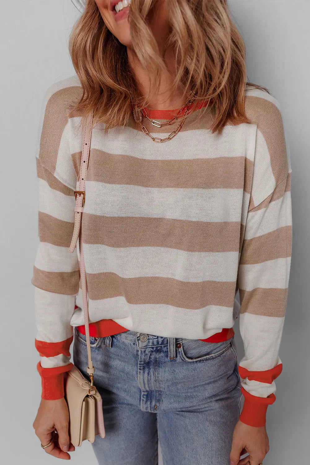 Apricot Colourblock Striped Round Neck Drop Shoulder Sweater eAura