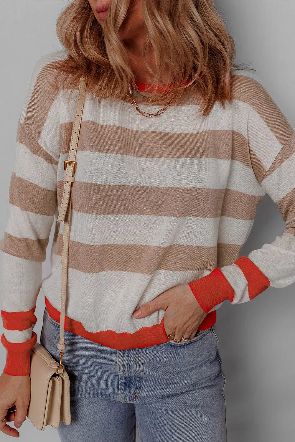 Apricot Colourblock Striped Round Neck Drop Shoulder Sweater eAura