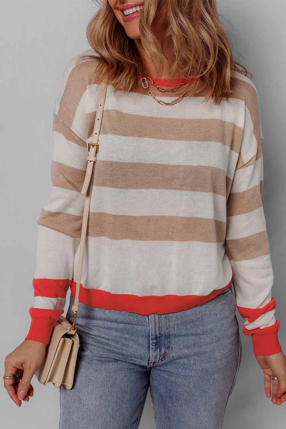 Apricot Colourblock Striped Round Neck Drop Shoulder Sweater eAura
