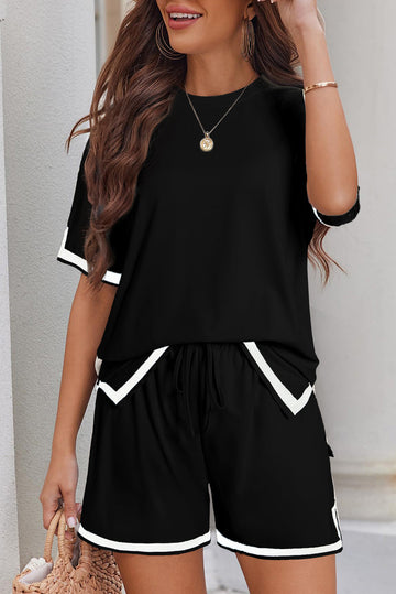 Beige Contrast Trim Tee and Shorts Set - BLACK / S / 95% POLYESTER + 5% ELASTANE - Two Piece Sets/Short Sets