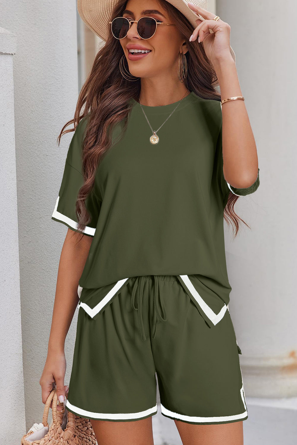 Beige Contrast Trim Tee and Shorts Set - Two Piece Sets/Short Sets