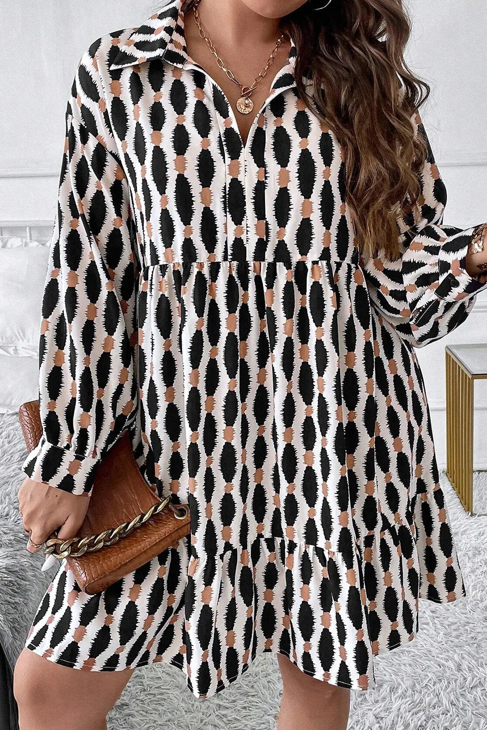 Apricot Geometric Print Collared V Neck Plus Size Mini Dress Beagle Boutique Fashion Outlet
