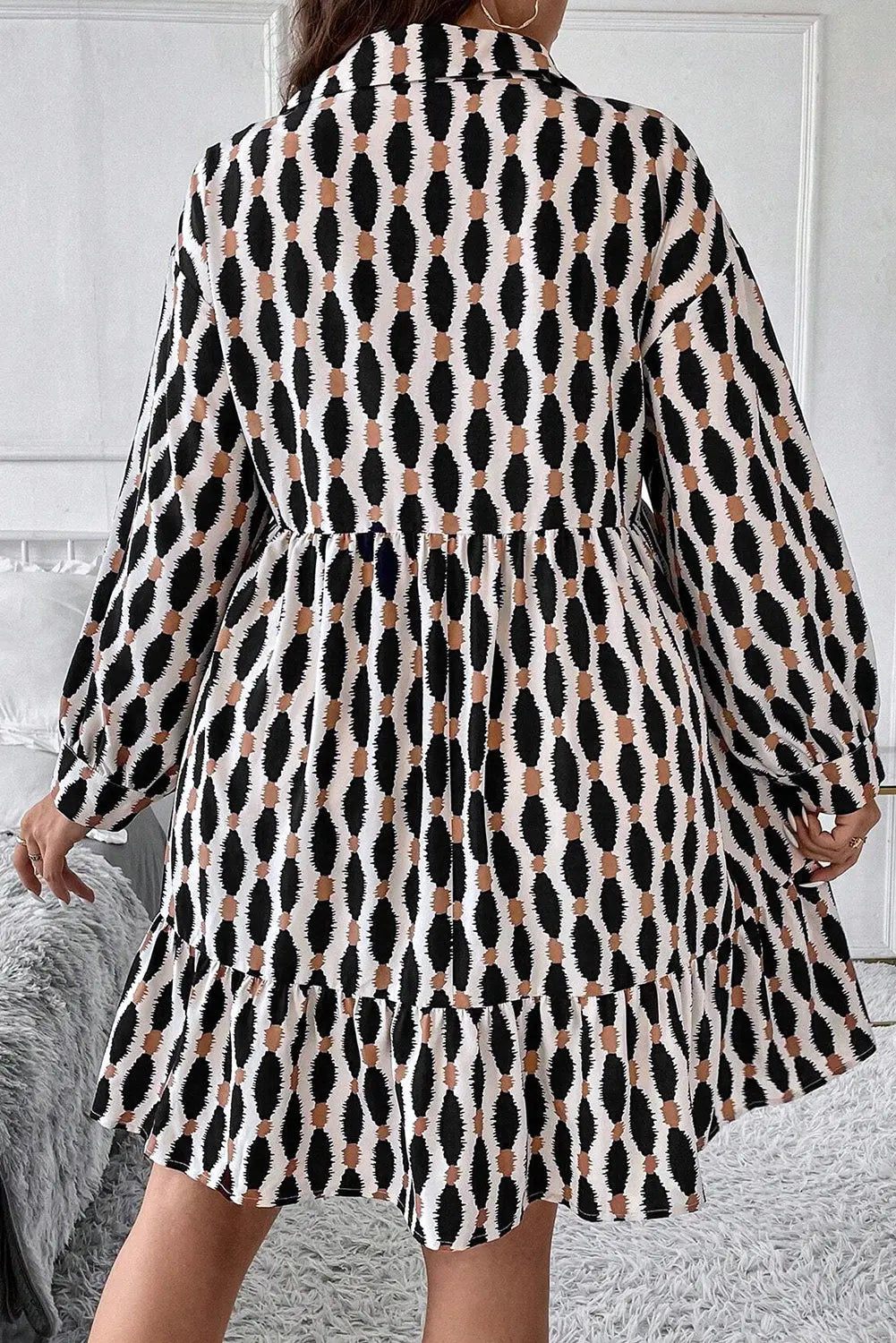 Apricot Geometric Print Collared V Neck Plus Size Mini Dress Beagle Boutique Fashion Outlet