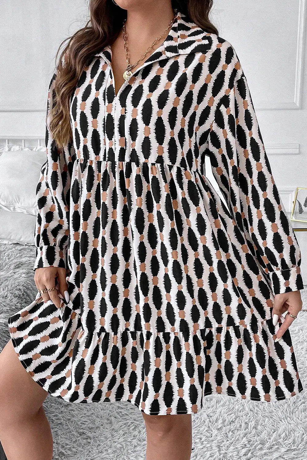 Apricot Geometric Print Collared V Neck Plus Size Mini Dress Beagle Boutique Fashion Outlet