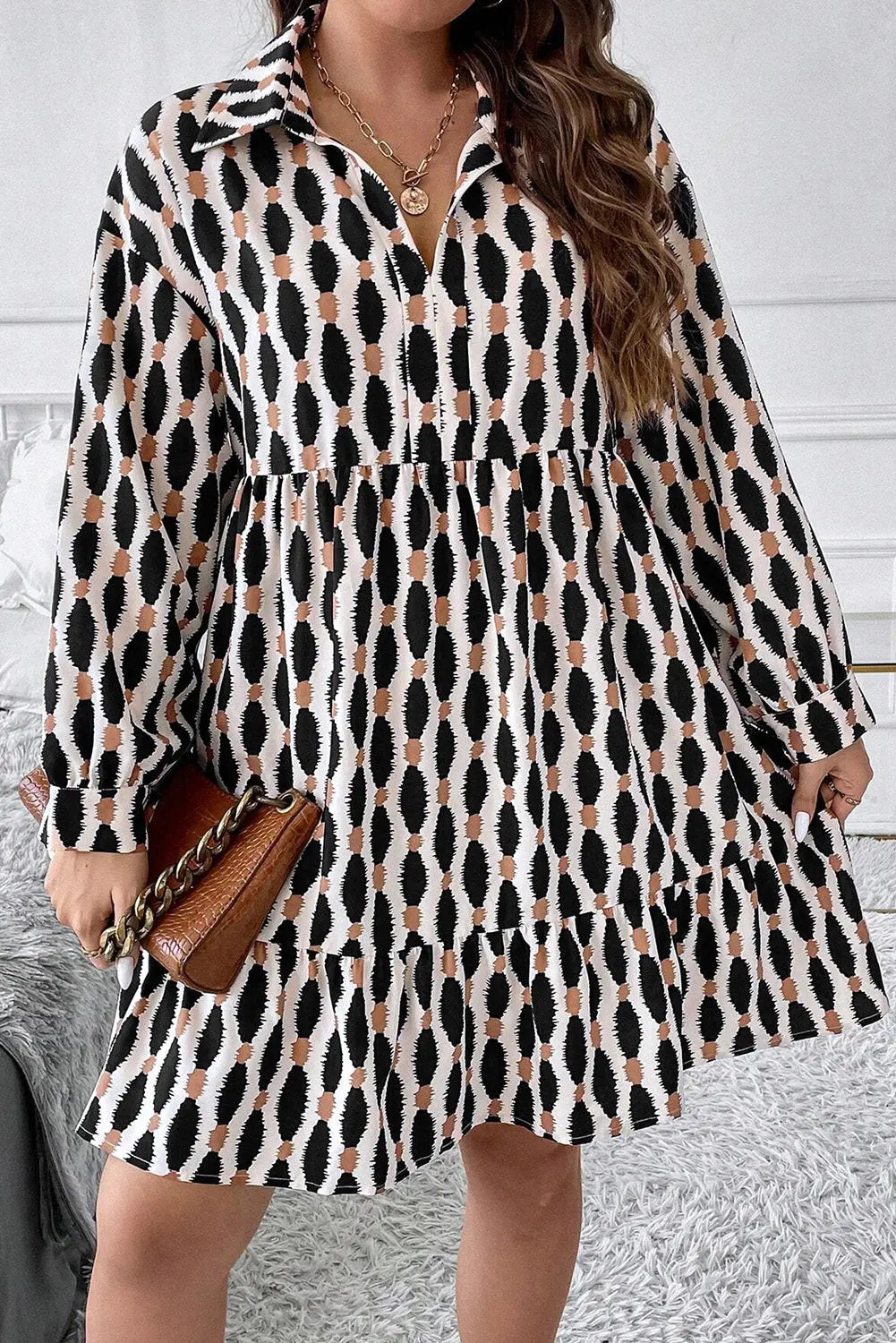Apricot Geometric Print Collared V Neck Plus Size Mini Dress Beagle Boutique Fashion Outlet
