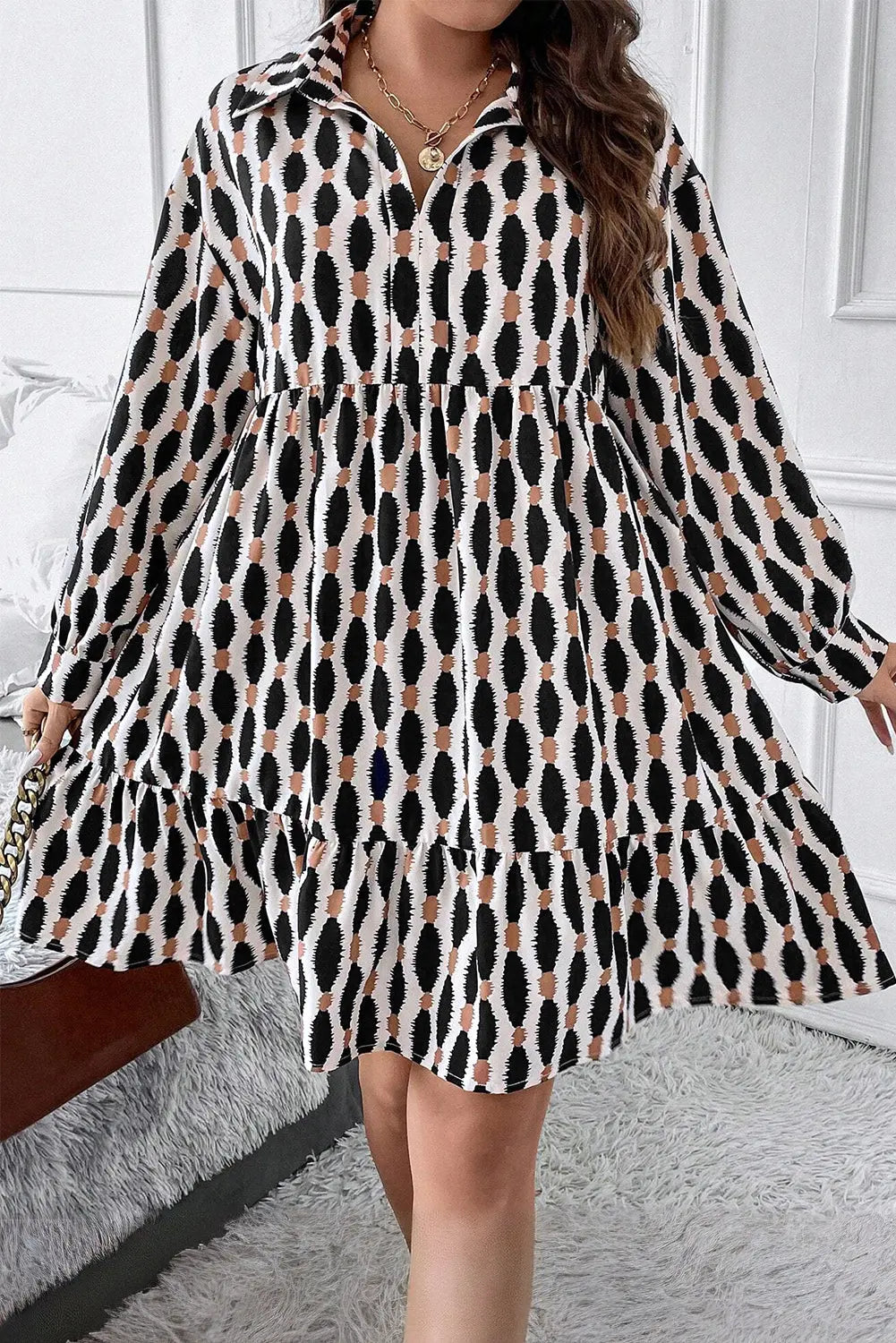 Apricot Geometric Print Collared V Neck Plus Size Mini Dress Beagle Boutique Fashion Outlet