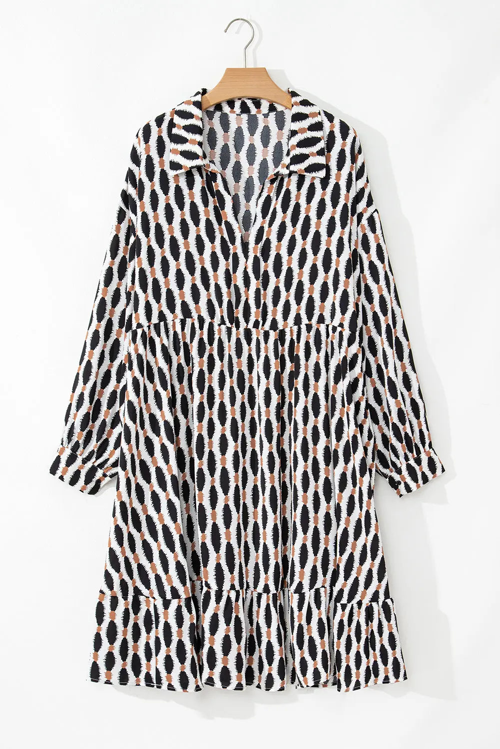 Apricot Geometric Print Collared V Neck Plus Size Mini Dress Beagle Boutique Fashion Outlet