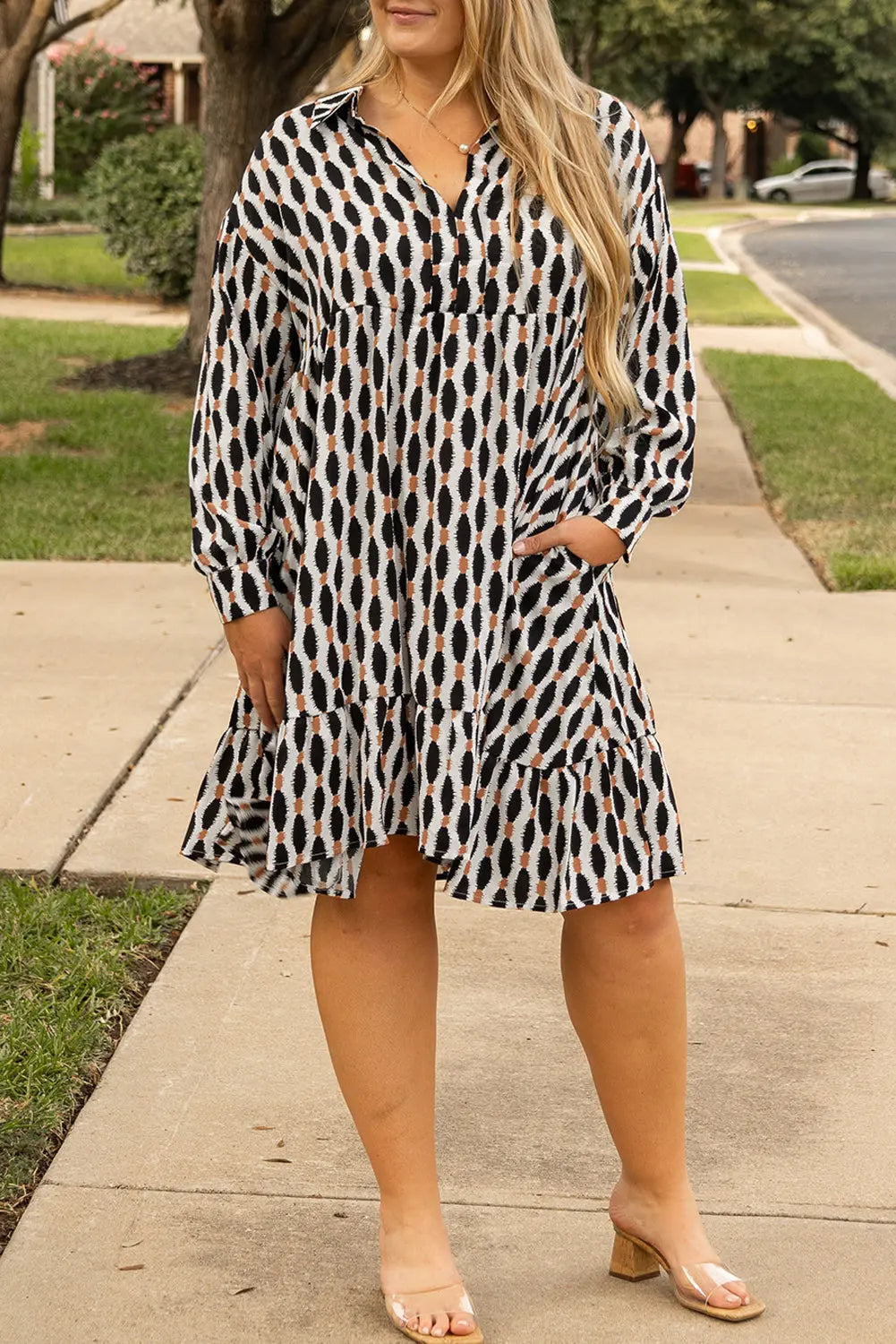 Apricot Geometric Print Collared V Neck Plus Size Mini Dress Beagle Boutique Fashion Outlet