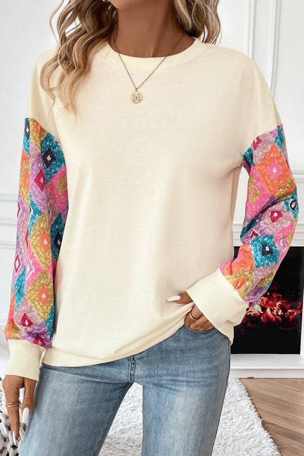 Beige Geometric Printed Patchwork Long Sleeve Round Neck Top - APRICOT / S / 65% POLYESTER + 35% COTTON - Tops/Long Tops