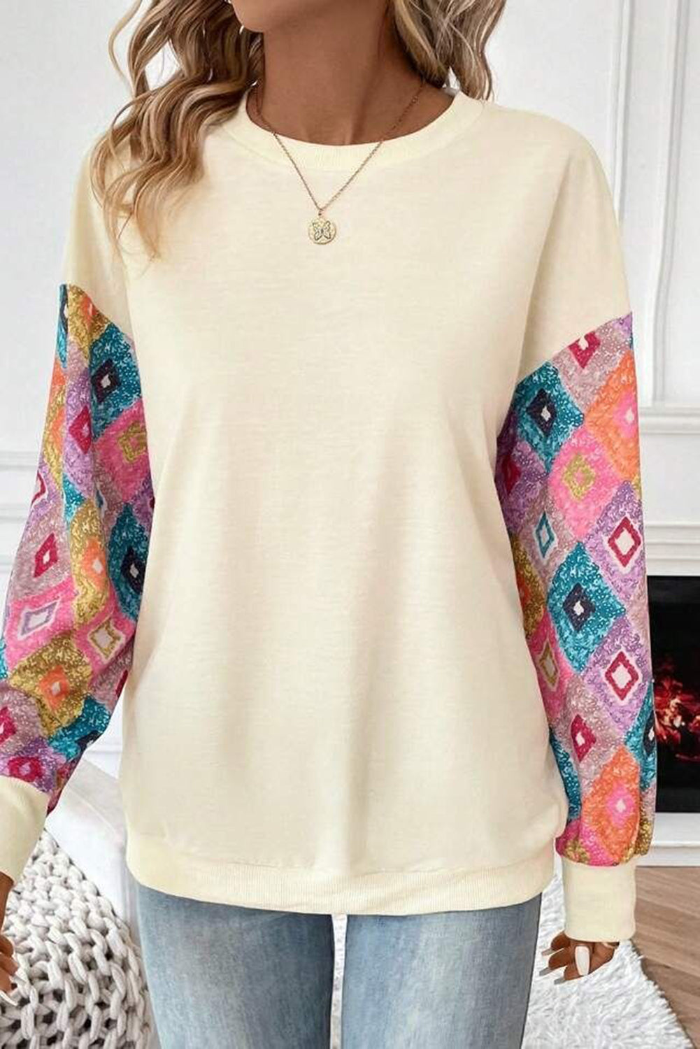 Beige Geometric Printed Patchwork Long Sleeve Round Neck Top - Tops/Long Tops
