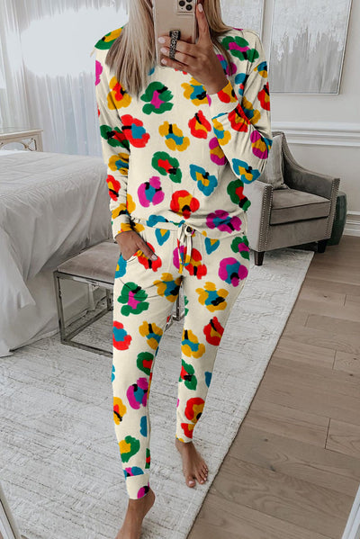 Beige Leopard Print Long Sleeve Top and Skinny Trousers Lounge Set Pyjamas - APRICOT / S / 95% POLYESTER + 5% ELASTANE