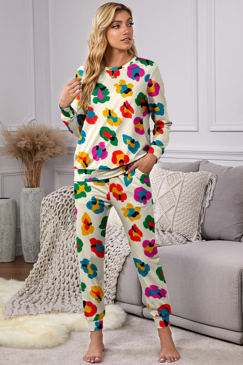 Beige Leopard Print Long Sleeve Top and Skinny Trousers Lounge Set Pyjamas - Loungewear & Sleepwear/Sleepwear