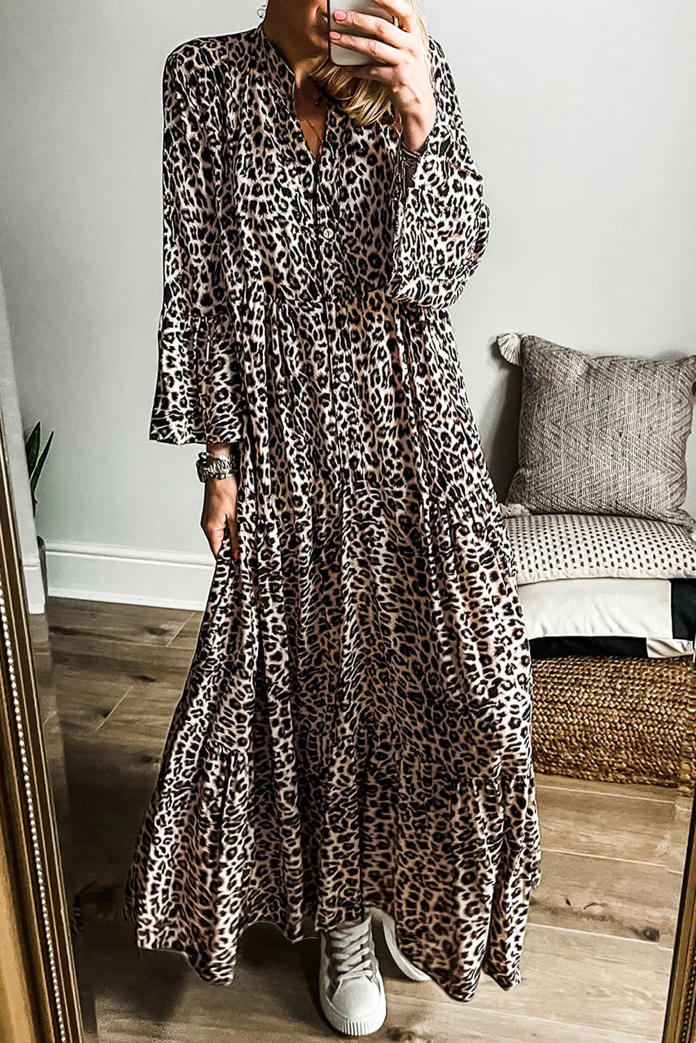 Apricot Leopard Print Tiered Wide Sleeve Maxi Dress - eAura