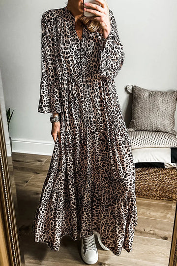 Apricot Leopard Print Tiered Wide Sleeve Maxi Dress - eAura