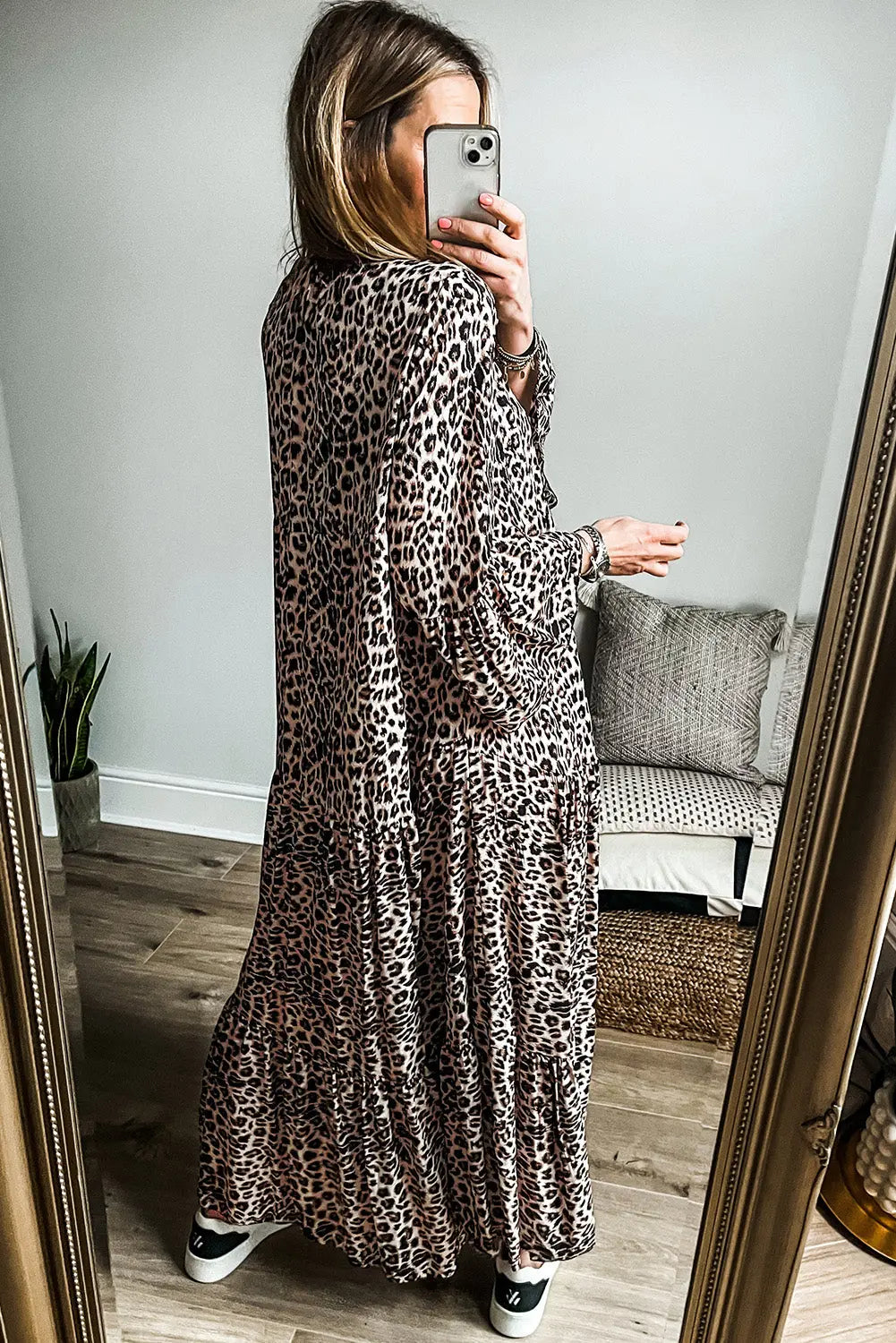 Apricot Leopard Print Tiered Wide Sleeve Maxi Dress - eAura