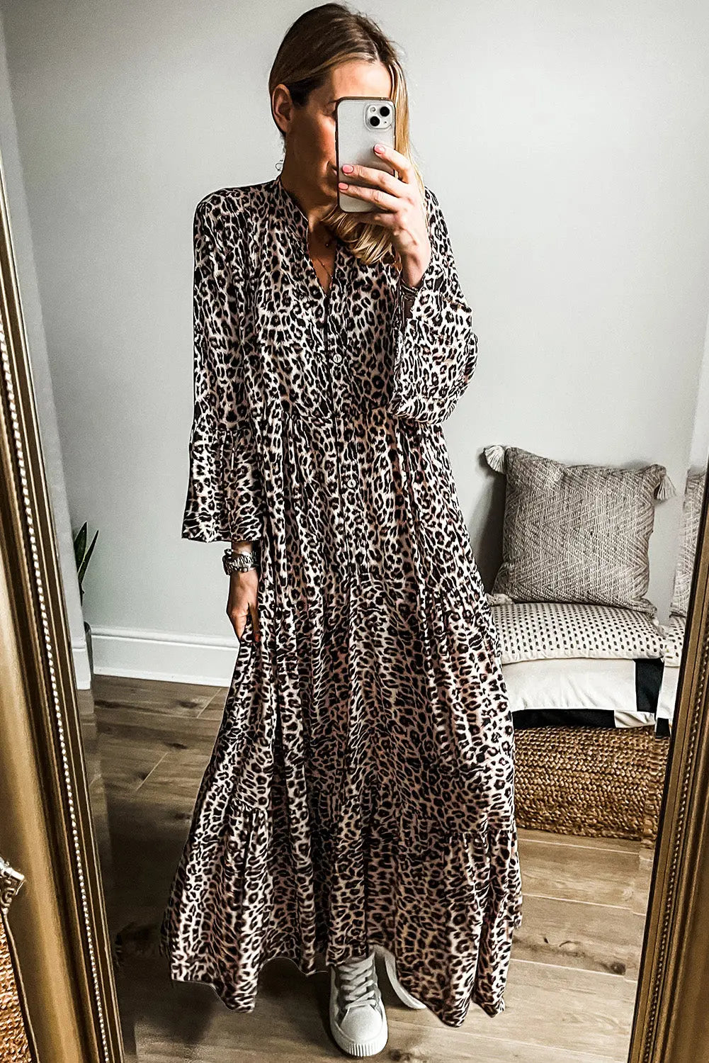 Apricot Leopard Print Tiered Wide Sleeve Maxi Dress - eAura