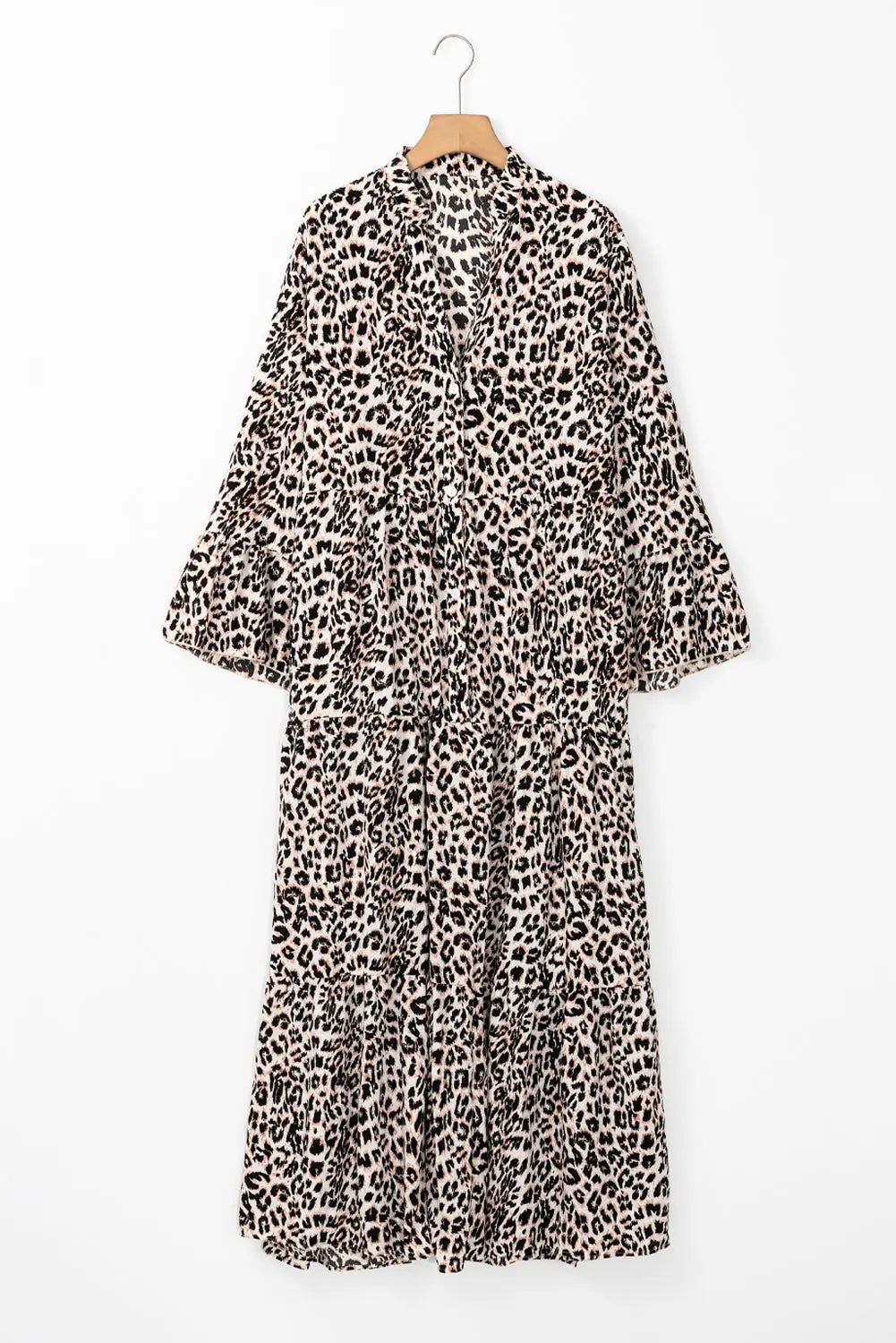 Apricot Leopard Print Tiered Wide Sleeve Maxi Dress - eAura
