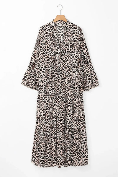 Beige Leopard Print Tiered Wide Sleeve Maxi Dress - Dresses/Maxi Dresses