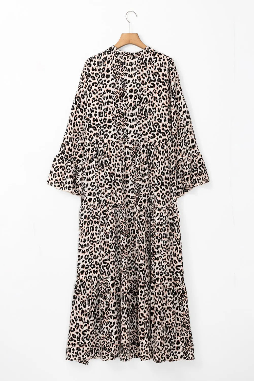 Apricot Leopard Print Tiered Wide Sleeve Maxi Dress - eAura